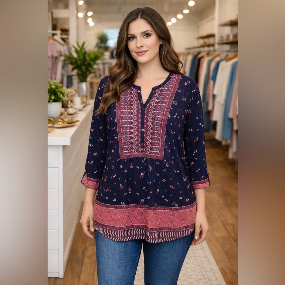 STYLE & CO PRINTED V-NECK HENLEY TOP — NWOT